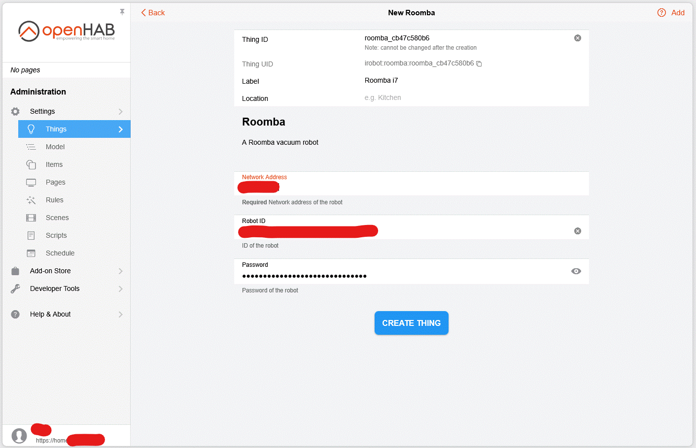 Interface web d’openHAB pour ajouter le Roomba manuellement
