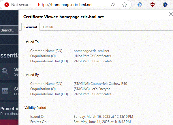 Certificat généré par le serveur Staging de Let&rsquo;s Encrypt