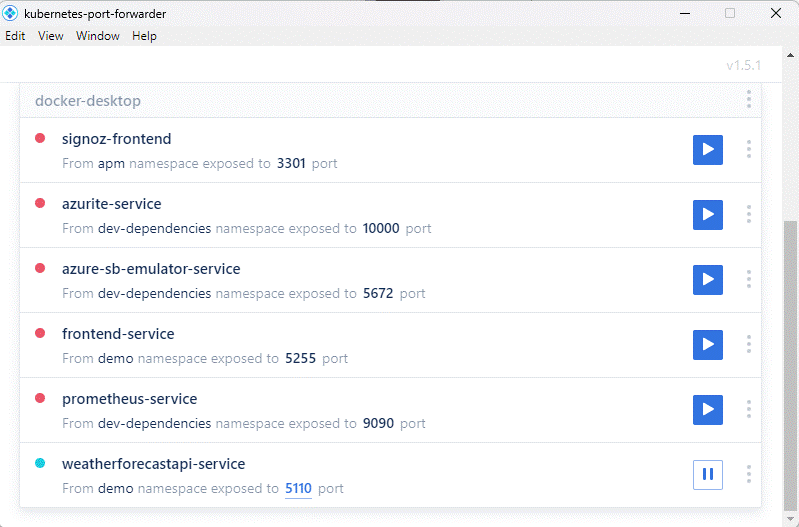 Kube Forwarder avec les différentes redirections de port