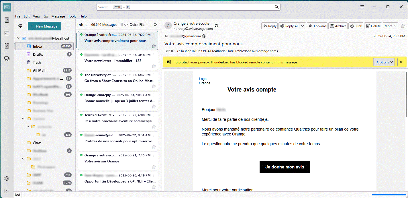 Emails synchronisés dans Thunderbird