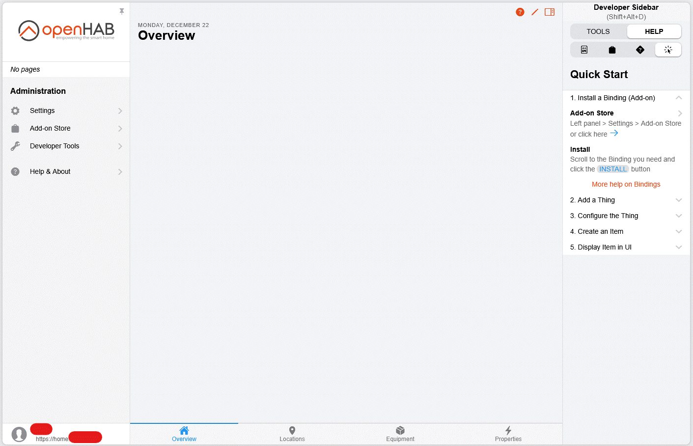 Interface web d'openHAB juste après l'installation